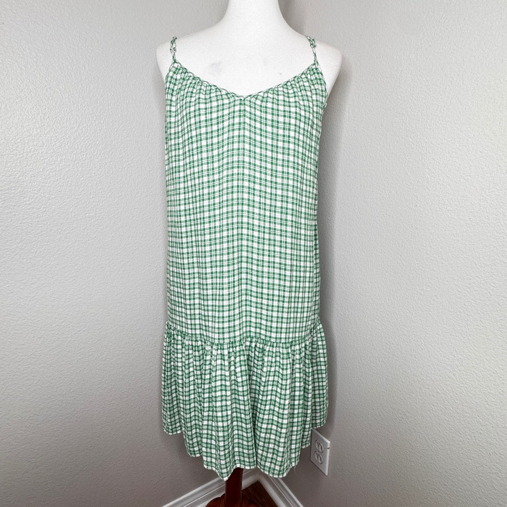 RAILS Ari Slip Mini‎ Dress MEDIUM Green Gingham Ruffle Sleeveless Linen Beach